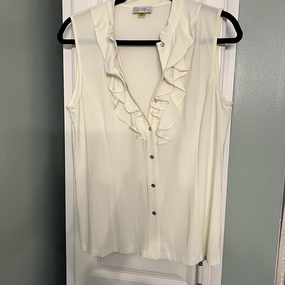 Tahari Ivory Ruffled Sleeveless Blouse